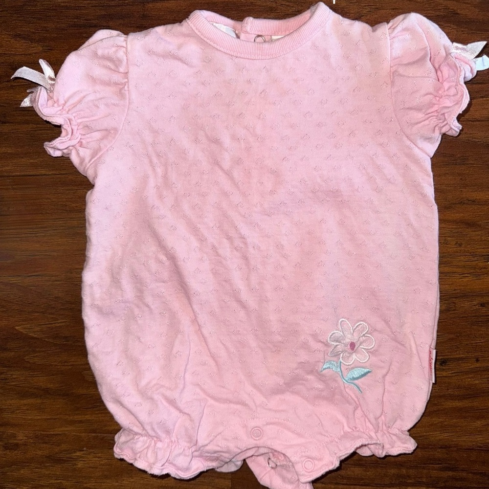 Vintage Pink Baby Romper with Flower Embroidery, Ruffles